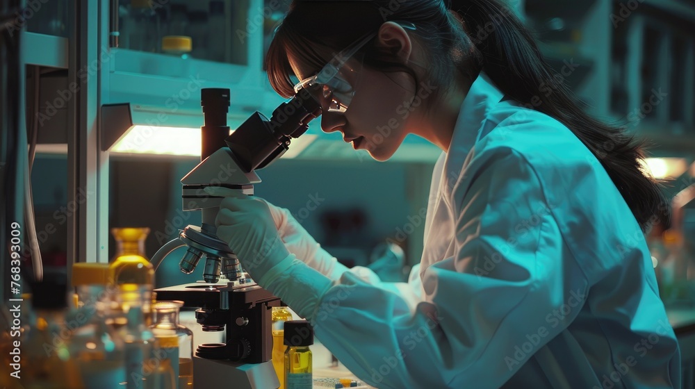 Young scientist working on microscope in laboratory Young scientist working on microscope in laboratory