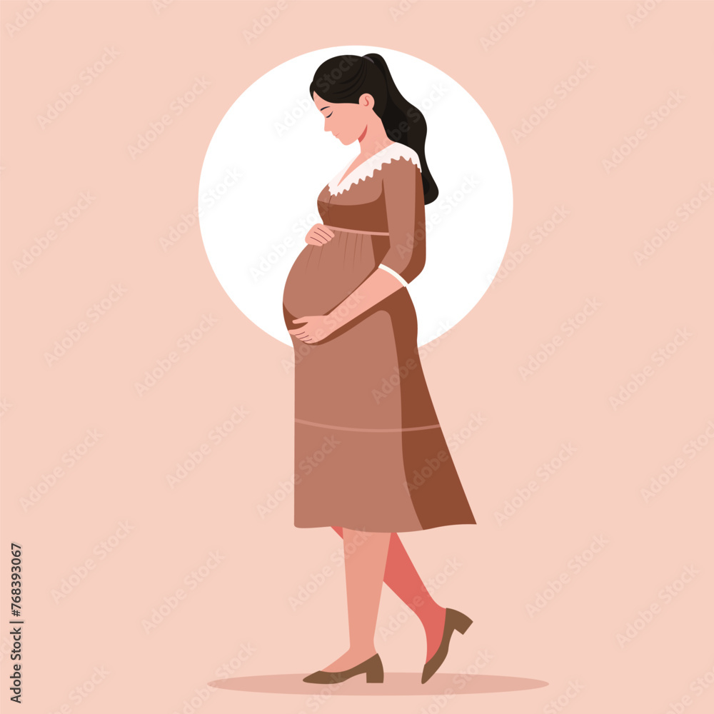 Happy pregnant woman holds her belly on pink background, , concept of mom or mother, newborn,baby,maternity, vector illustration