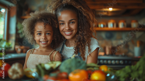 Mother and daughter cooking together in modern kitchen. Overjoyed mom have fun with girl at home, happy young mother teach cook together with daughter in modern kitchen. Cook concept. Family concept. 