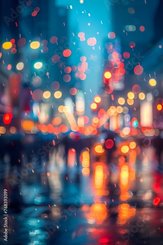People walking on street at during raining blurred background, poster and wallpaper or banner