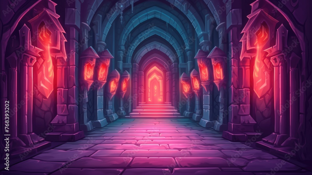cartoon mystical castle corridor, aglow with torches, leading to an enchanting door
