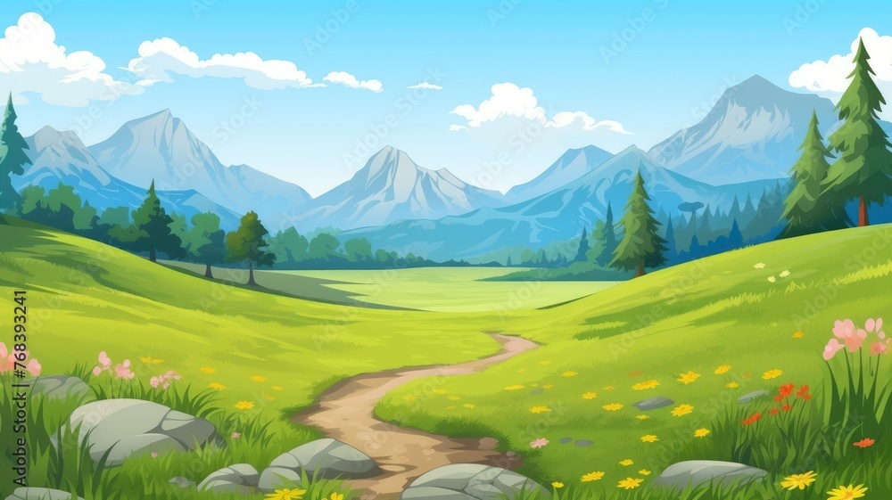 colorful cartoon landscape with mountains, greenery, and blooming flowers