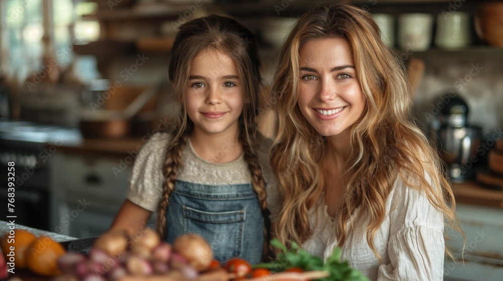 Mother and daughter cooking together in modern kitchen. Overjoyed mom have fun with girl at home, happy young mother teach cook together with daughter in modern kitchen. Cook concept. Family concept. 