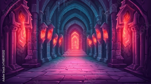 cartoon mystical castle corridor  aglow with torches  leading to an enchanting door