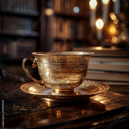 Antique Elegance: Close-up of a meticulously crafted golden teacup and saucer set, adorned with intricate floral patterns and embellishments. Set against the backdrop of a library with books and warm,
