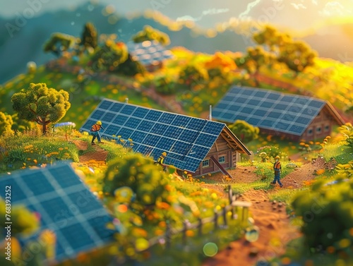 Renewable Energy and Sustainable Living Concept: A miniature scene of workers installing solar panels near a rustic cabin surrounded by lush greenery and vibrant flowers. The golden hour sun casts a w