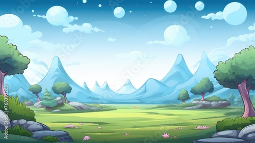 cartoon landscape with mountains, a dual-moon sky, and a lush green field