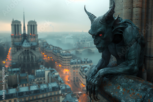 A commanding gargoyle statue surveys its surroundings, silhouetted against a skyline reminiscent of the historic Parisian Notre-Dame architecture. photo