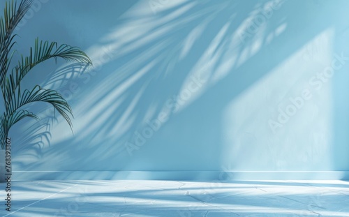 Abstract light blue background with a palm shadow on the wall, minimal studio room for product display