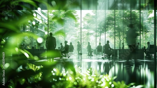 Green  sustainable and environmental office space with daily employee rush. Modern and nature friendly startup business with ESG standards and care for worker wellness and healthy environment
