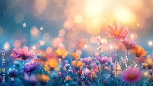 Abstract pastel flowers on bokeh effect light flare, sparkling for festive and celebration background, poster and wallpaper or banner