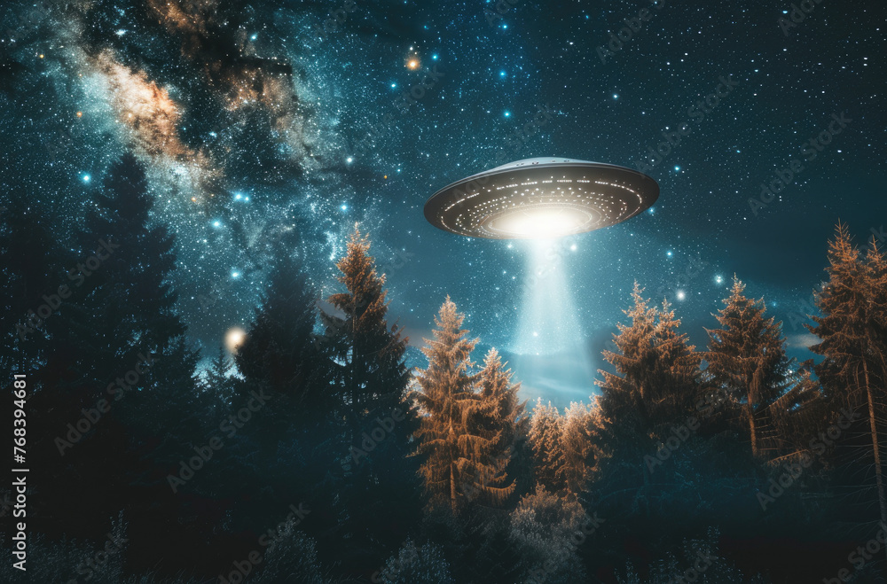 A flying saucer is shining in the night sky, hovering over Scandinavian forests