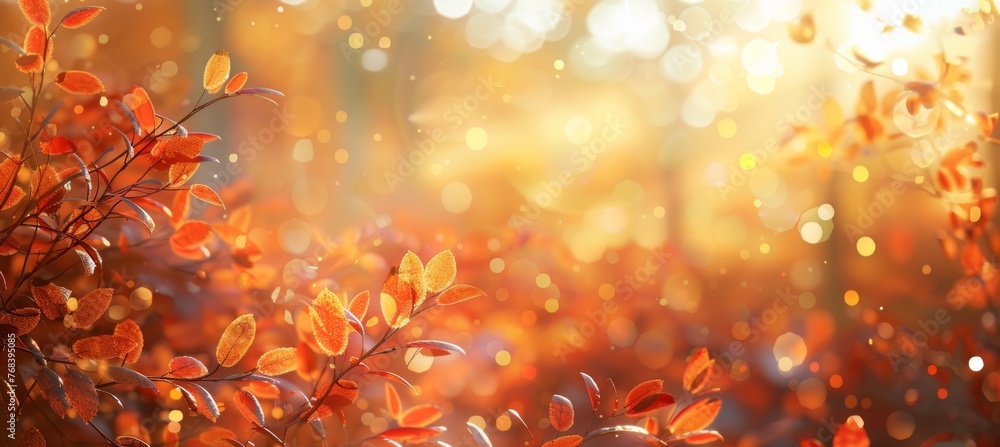 Autumn background with blurred bokeh of autumn leaves on tree branch in park