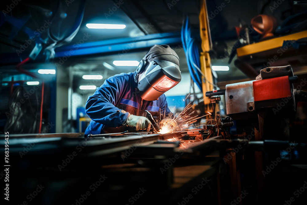 A man in a blue jacket is working on a piece of metal with fire and welding A man in a blue jacket is working on a piece of metal with fire and welding