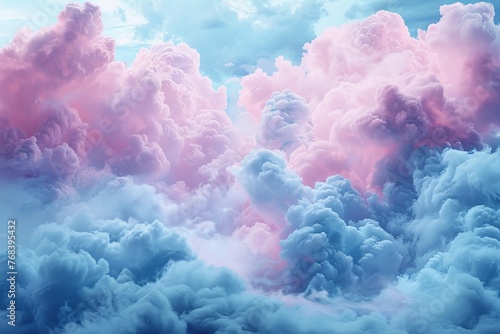 A dreamscape portrayal of fluffy clouds in a pink and blue sky, exuding a sense of tranquility and wonder