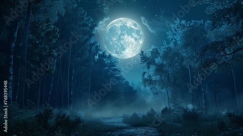 Mystical Nightscape, Enchanted Forest Bathed in Moonlight's Ethereal Glow