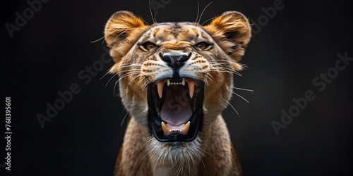 Majestic Lioness with Dangerous Teeth in the Dark Roaring