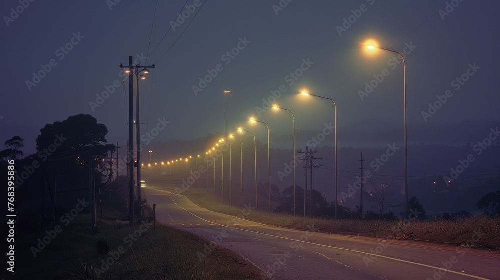 A row of solarpowered streetlights illuminating a oncedark road making it safer for people to navigate through during postdisaster . AI generation.
