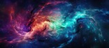 A colorful galaxy in space with a plethora of stars resembling a watercolor painting. The sky is filled with purple gas clouds and electric blue astronomical objects