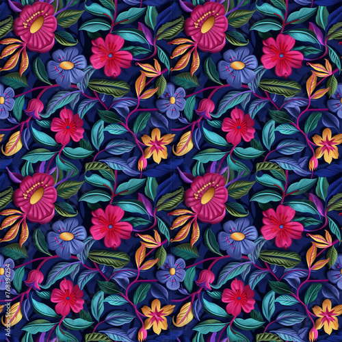 Floral embroidery from knitting wool  seamless pattern.