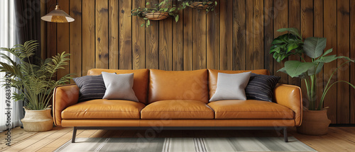 Leather sofa and décor in an interior living room wall mockup against a wooden wall backdrop.3d rendering
