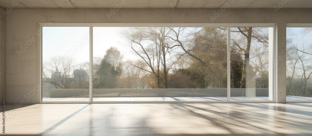 Fototapeta premium The image depicts a spacious room adorned with a sizable window showing a lush view of trees outside