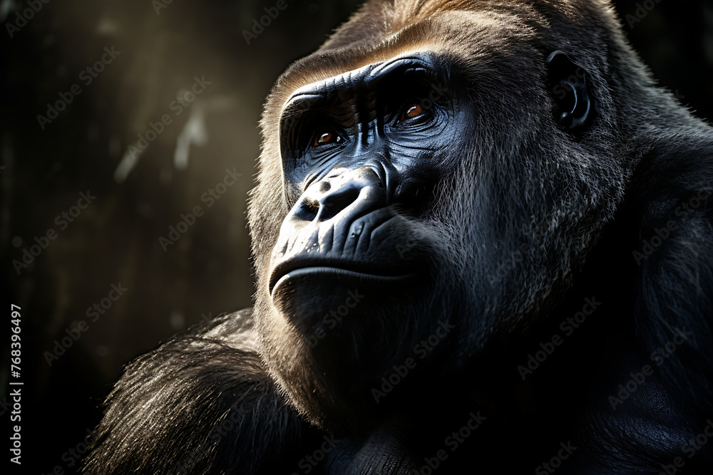 Portrait of a gorilla. Studio shot on a dark background.
