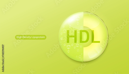 Fresh avocado slice and green serum gel solution. High Density Lipoprotein HDL essential to the health. Natural alternative dietary supplements. Fruits rich in vitamins minerals. Vector.