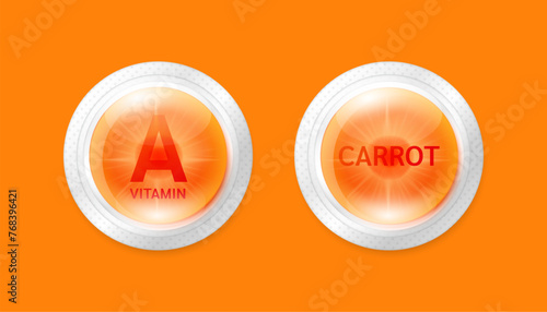Fresh carrot slice in pill form. Vitamin C medicine essential to the health care. Natural alternative dietary supplements. Fruits rich in vitamins minerals. Vector illustration.