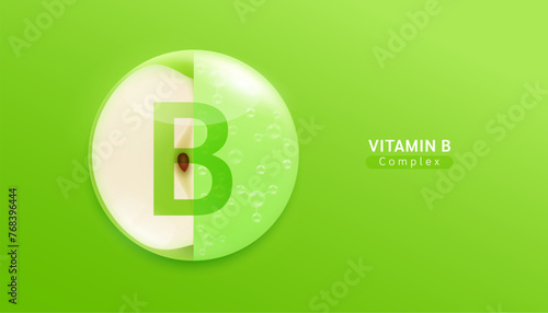 Fresh green apple slice and serum gel solution. High vitamin B essential to the health. Natural alternative dietary supplements. Fruits rich in vitamins minerals. Vector illustration.