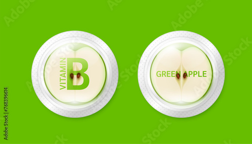 Fresh green apple slice in pill form. High vitamin B fiber beta carotene medicine essential the health care. Natural alternative dietary supplements. Fruits rich in vitamins minerals. Vector.