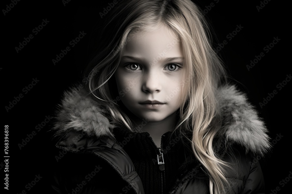 portrait of a beautiful little girl in winter clothes on a black background portrait of a beautiful little girl in winter clothes on a black background
