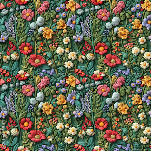 Floral embroidery from knitting wool, seamless pattern. © mouse