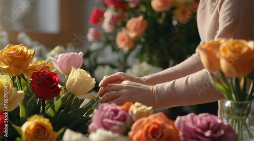 Close-up image of florist s hands correcting a bouquet in a flower shop.generative.ai