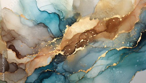 Art Abstract alcohol ink and watercolor painting blots horizontal background. Alcohol ink brown, blue and gold colors. Marble texture.
