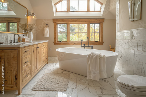 A cozy bathroom in an Adirondack home, wood cabinetry and white marble tiles with light-colored veining. freestanding bathtub beside large windows overlooking. Created with Ai