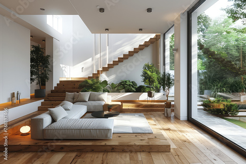 Modern living room with stairs, wooden floor and sofa set. Created with Ai © Creative Stock 