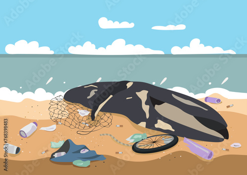 a whale carcass stranded on beach with solid waste and plastic pollution around background