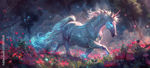 A majestic white horse with a flowing mane and glowing eyes, galloping through an enchanted forest under the twilight sky