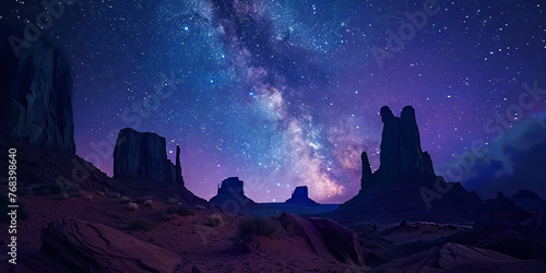 A stunning capture of the Milky Way stretching across a night sky above a rocky desert landscape creating a serene atmosphere