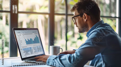 A man sits with a laptop and works with a growing graph in front of a large panoramic window: increasing sales and revenue by analyzing data. Business Analytics.