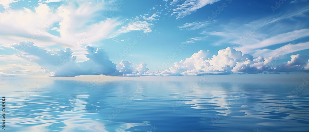 
Stunning Beachscape with Azure Sky and clouds reflecting in crystal clear waters. Vibrant Tropical Coastline.