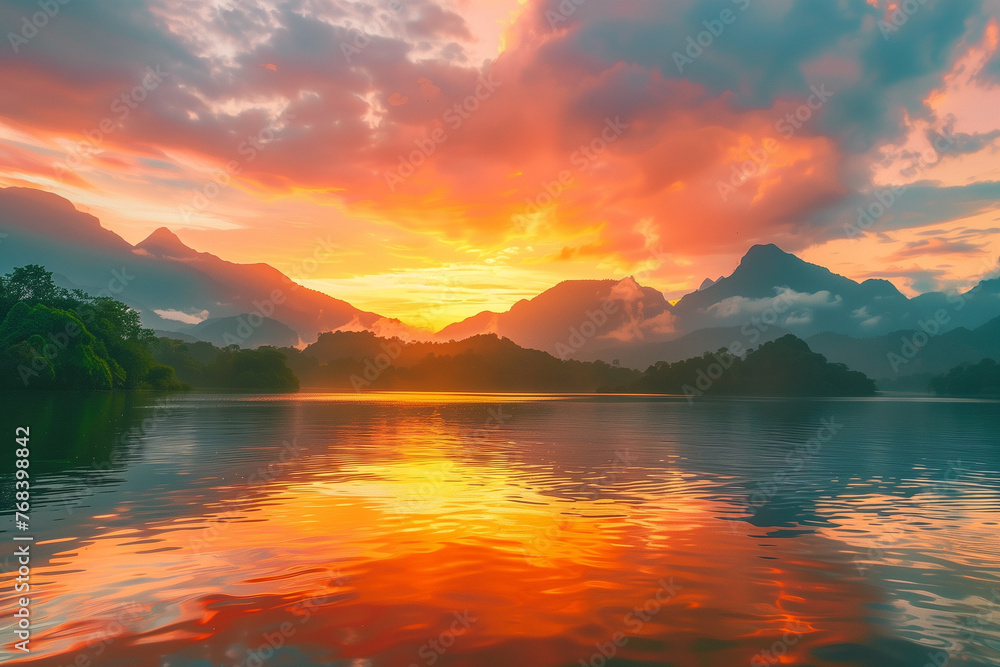 Serenity at Sunset: Vibrant Colors Reflecting on Lake Waters against the backdrop of the mountains