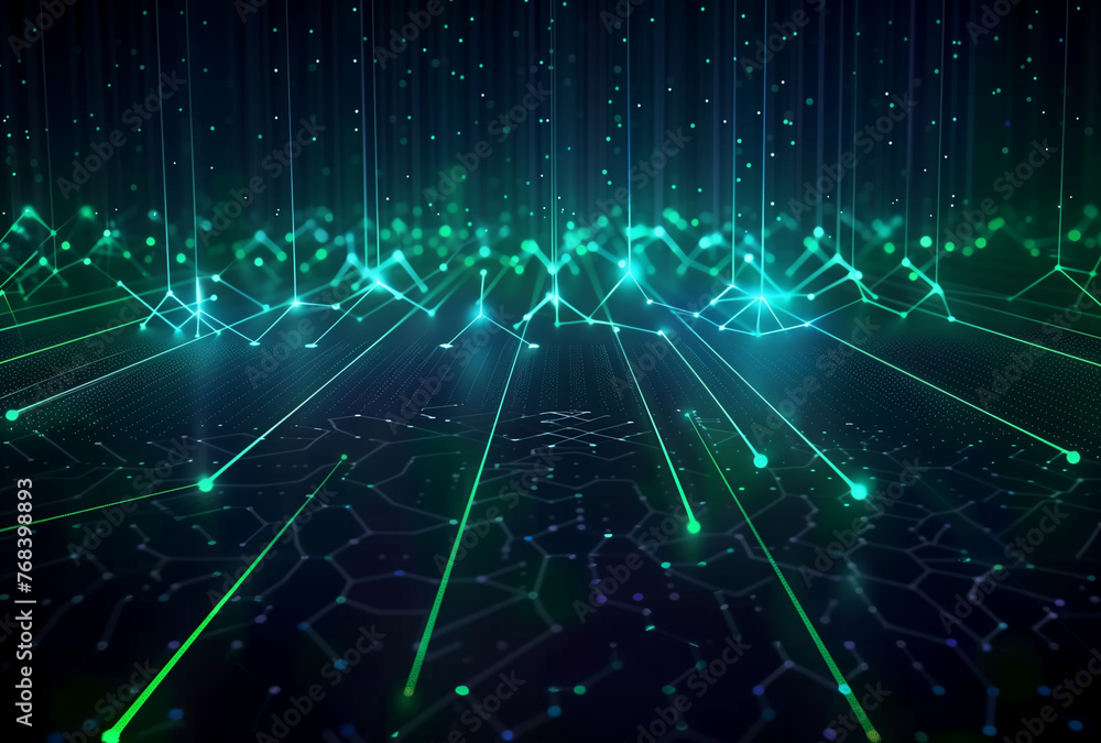 Abstract Futuristic Background with Blue and Green Lines with luminous connections and nodes symbolizing global interconnectivity in the world of blockchain technology, digital technology and science 