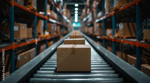 Carton packages moving on a conveyor belt system. E-Commerce Order Processing Center © sssheina