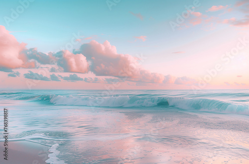 Panoramic Seascape: Pink Sunset at Beach and Close-up of waves on the sand.