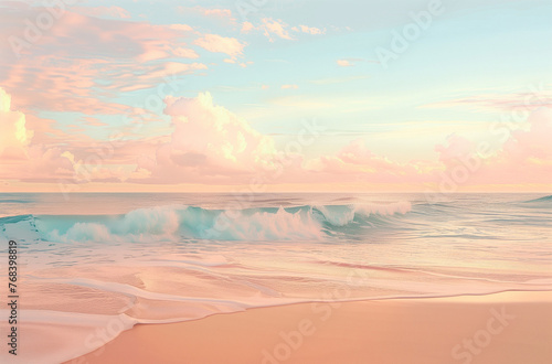 Pink sunset on inspiring tropical beach. Close-up of waves on the sand. © sssheina