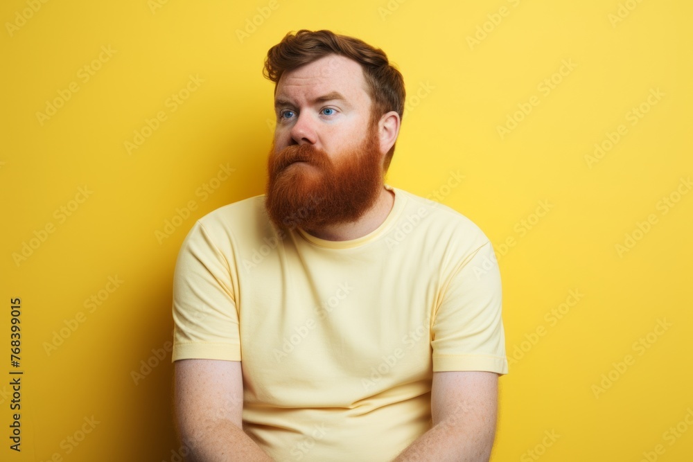 Portrait of a red-bearded man in a yellow T-shirt on a yellow background Portrait of a red-bearded man in a yellow T-shirt on a yellow background
