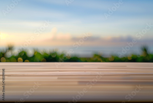 Seaside Wooden Table with Ocean View. Mockup for your design.