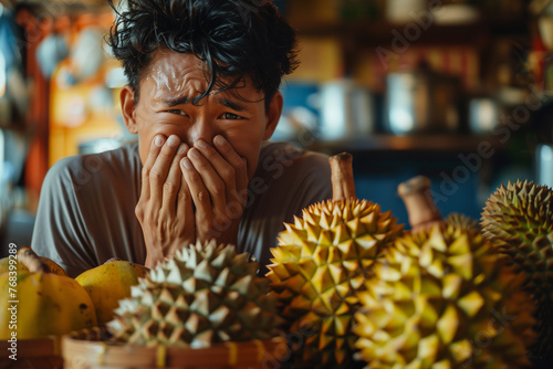 Man grimacing at durian fruit smell.
 photo